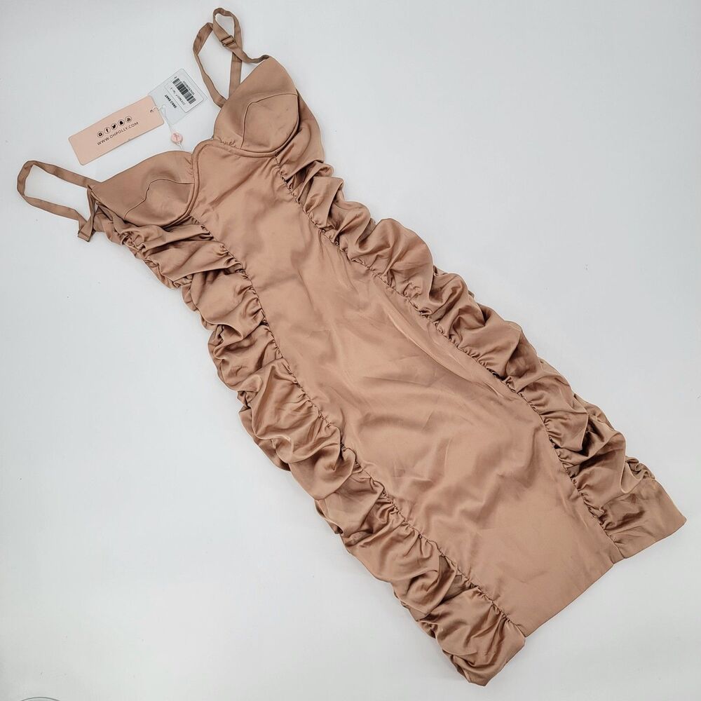Oh Polly Womens 8 Tan Rouched Spaghetti Strap Underwire B Bra Bodycon Dress NWT - Picture 1 of 13